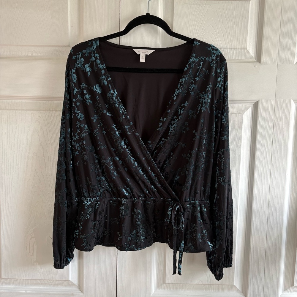 LC Top L Blue Black Velvet Burnout Peplum Blouse Dark Romantic‎ Whimsigoth Goth